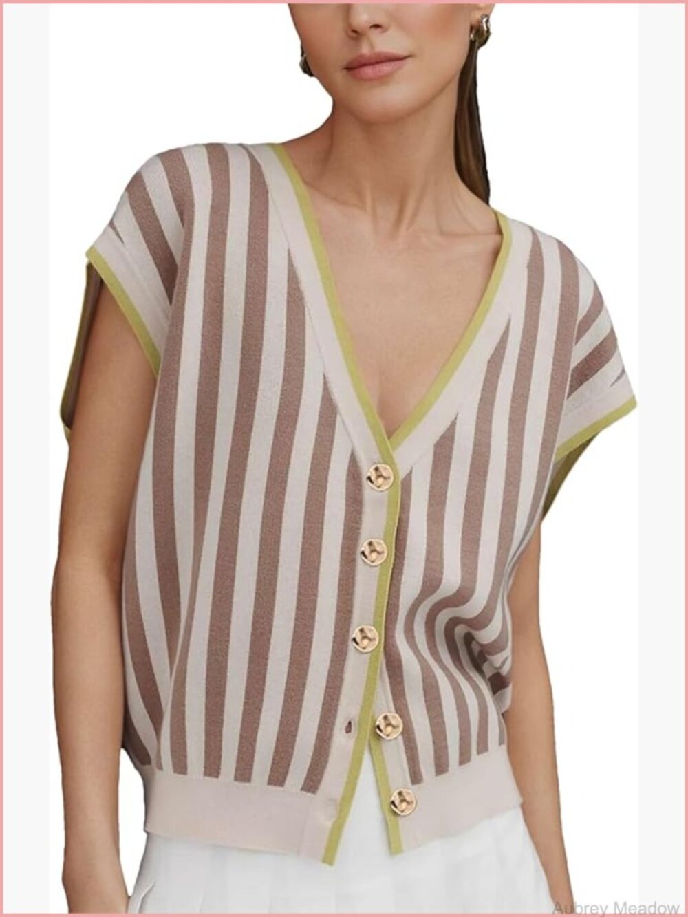 Women's Striped Knit Cardigan Vest V Neck Cap Sleeve Golden Button Sweater Top